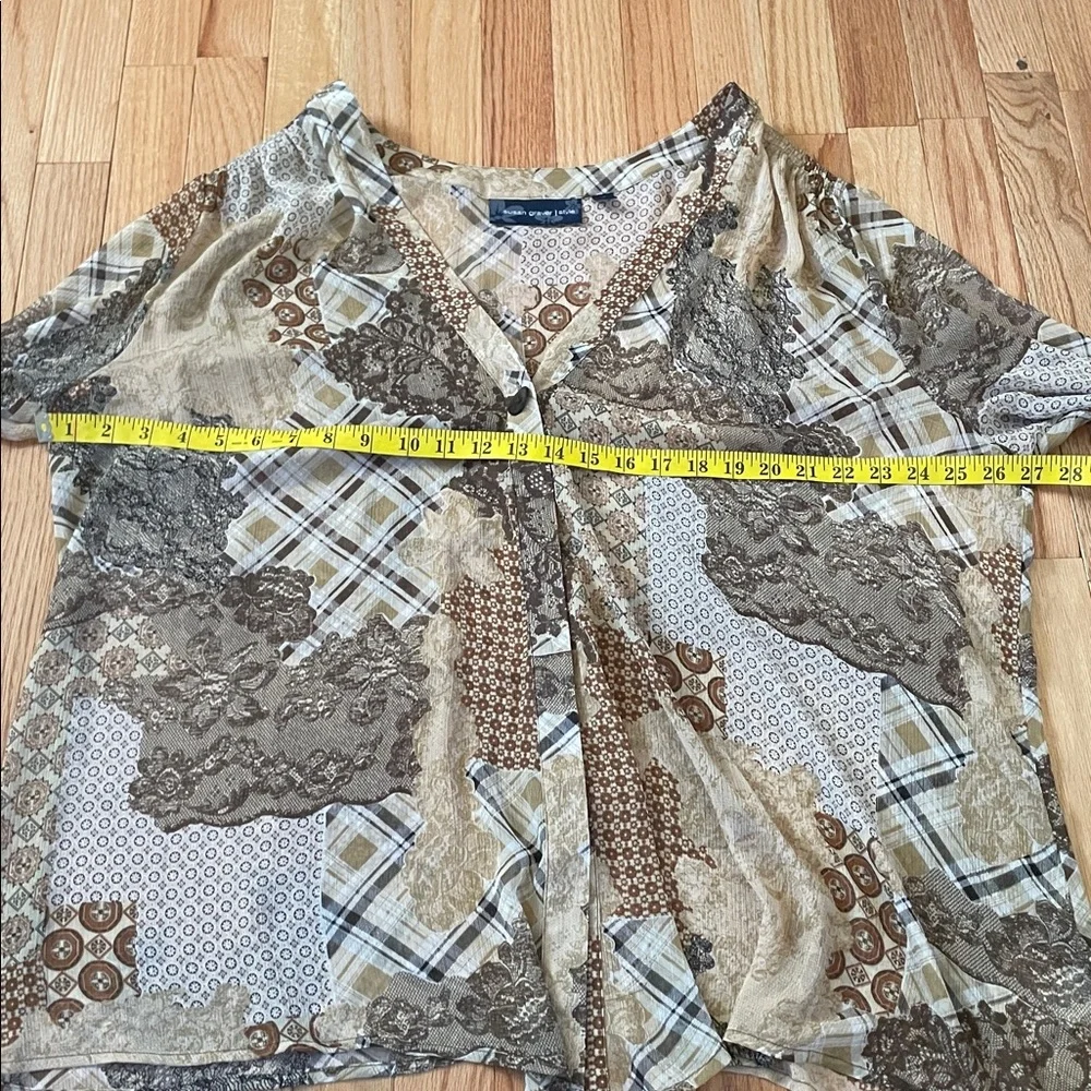 Susan Graver Top Womens 2x Brown Patchwork Print Button Up Boho Coastal Casual - Picture 5 of 10